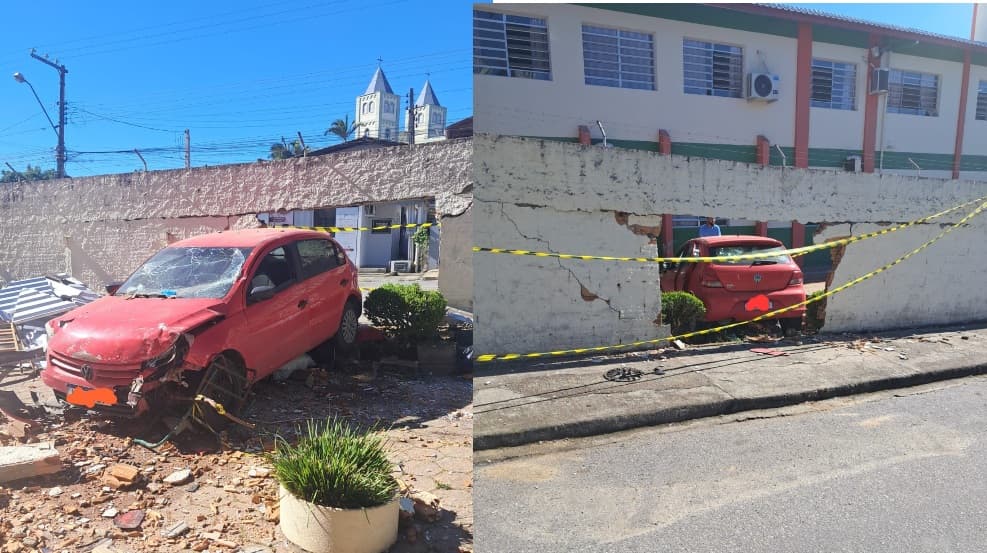 Carro invade pátio de escola em Brusque após atravessar muro; motorista fica inconsciente
